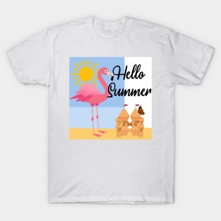 Hello Summer Pink Flamingo Design T-Shirt